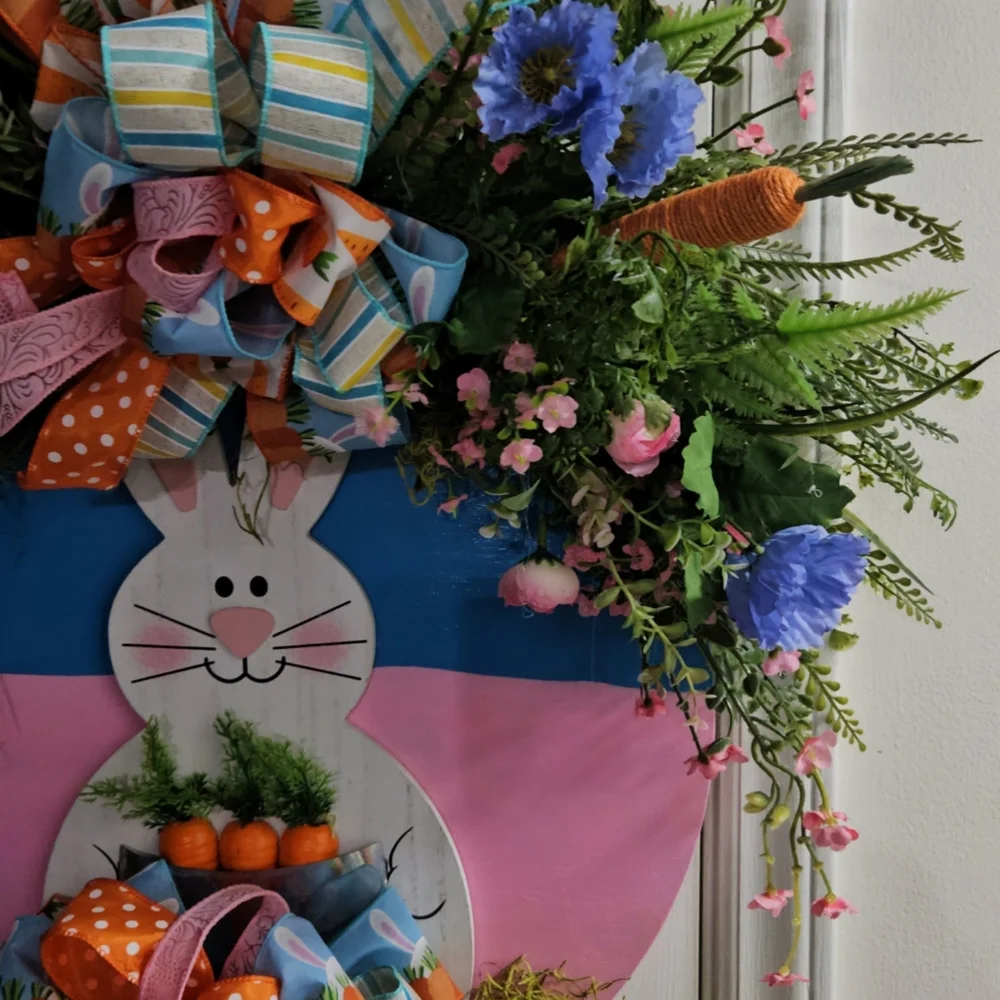Spring Bunny Door Wreath with Pastel Flowers and Bows